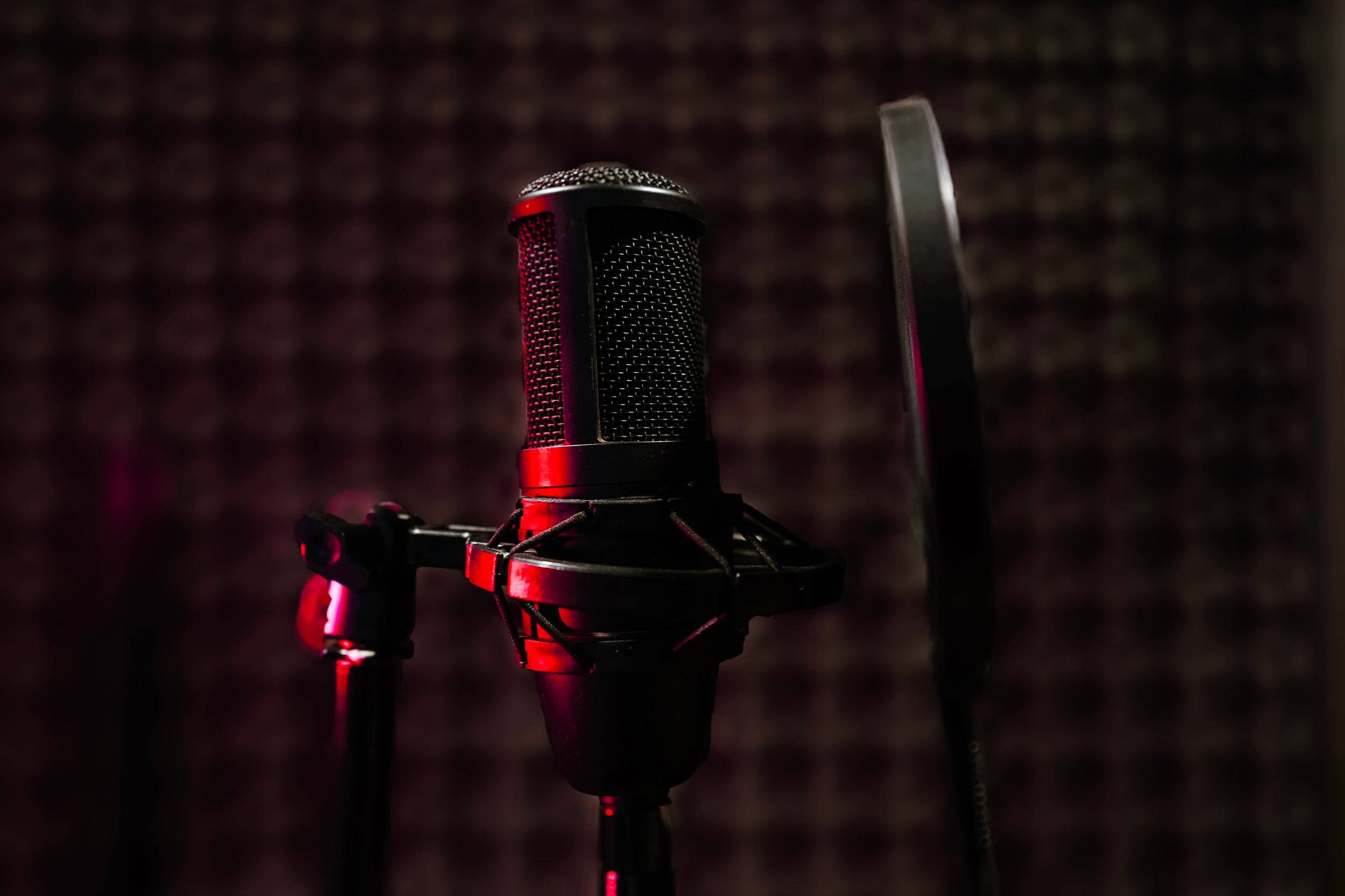 Vocal booth at VOYCE Studios, microphone and pop filter.