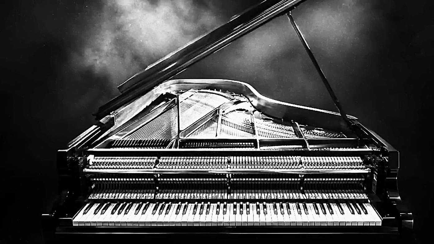 The action of a grand piano.