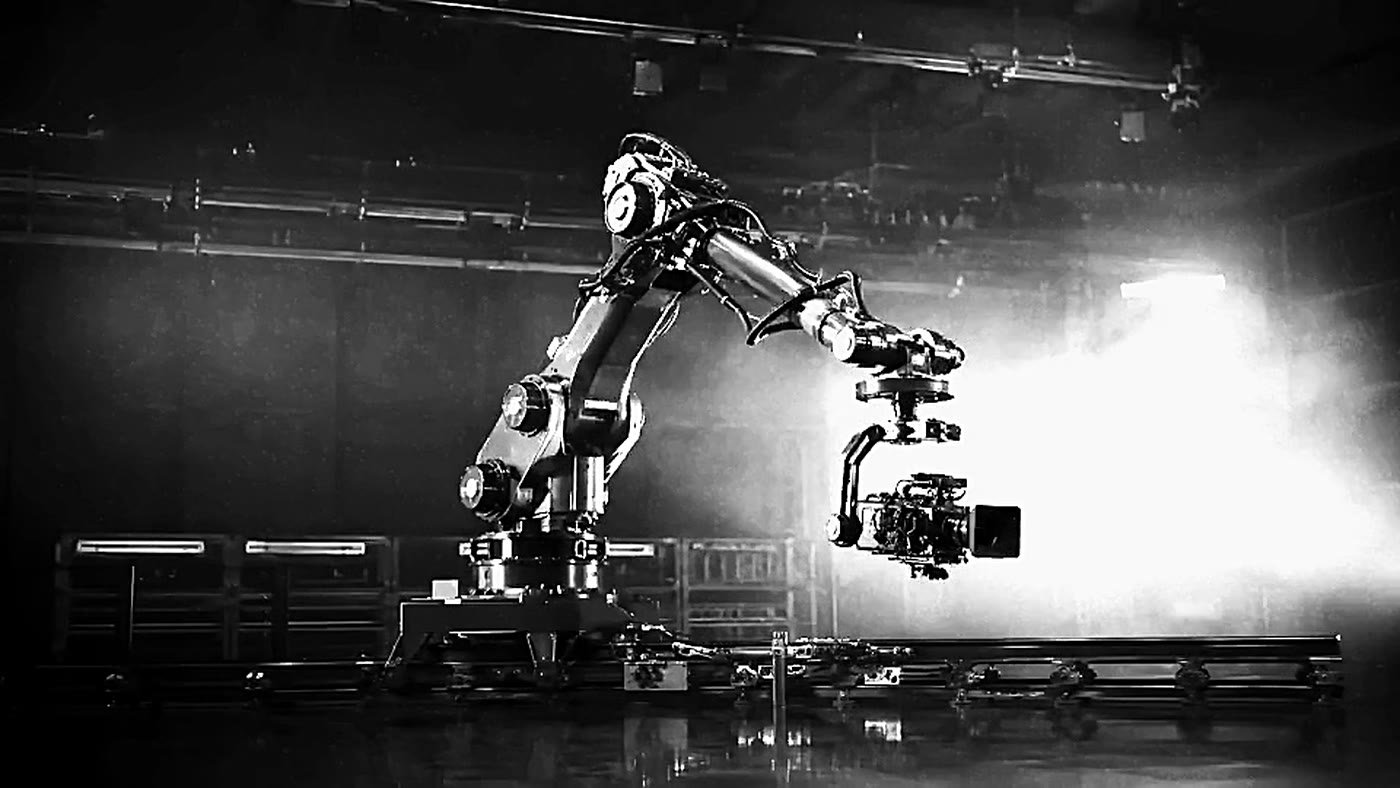 A motion control camera arm mid move.